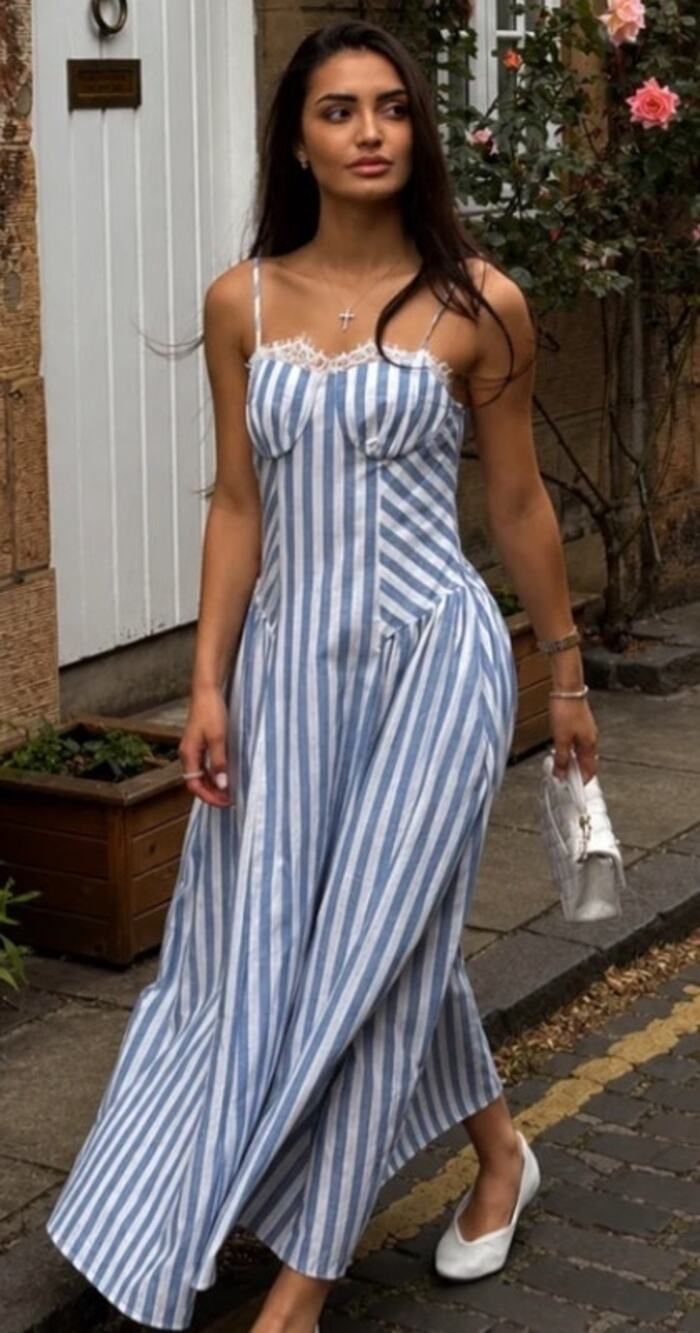 020 NWT Commense Lace Trim Striped Cotton Cami Maxi Dress | Blue/White | S